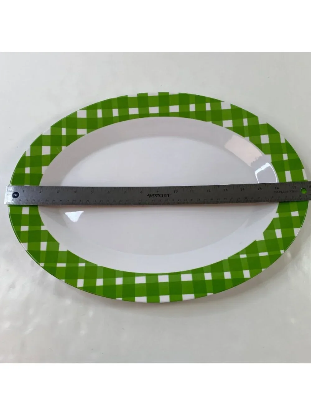 Oval Melamine Summer Serving Platter Green White Checkerboard Pattern